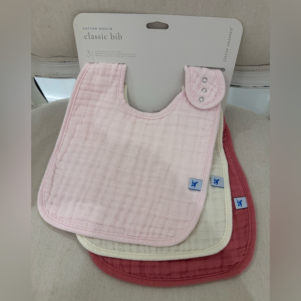 Little Unicorn Cotton Muslin Classic Baby Bibs - 3 Pack Light Pink NWT